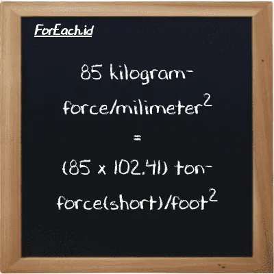 How to convert kilogram-force/milimeter<sup>2</sup> to ton-force(short)/foot<sup>2</sup>: 85 kilogram-force/milimeter<sup>2</sup> (kgf/mm<sup>2</sup>) is equivalent to 85 times 102.41 ton-force(short)/foot<sup>2</sup> (tf/ft<sup>2</sup>)